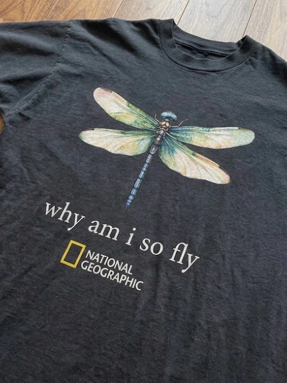 National Geographic Black Tee with Iridescent Dragonfly Graphic